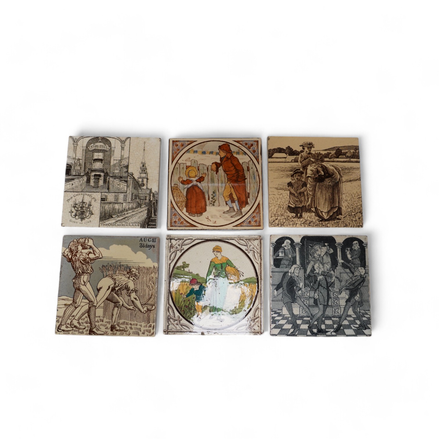 A group of six Victorian printed pictorial ceramics tiles, 15cm sq., ex Peter Creffield Collection. Condition - four tiles chipped at corners